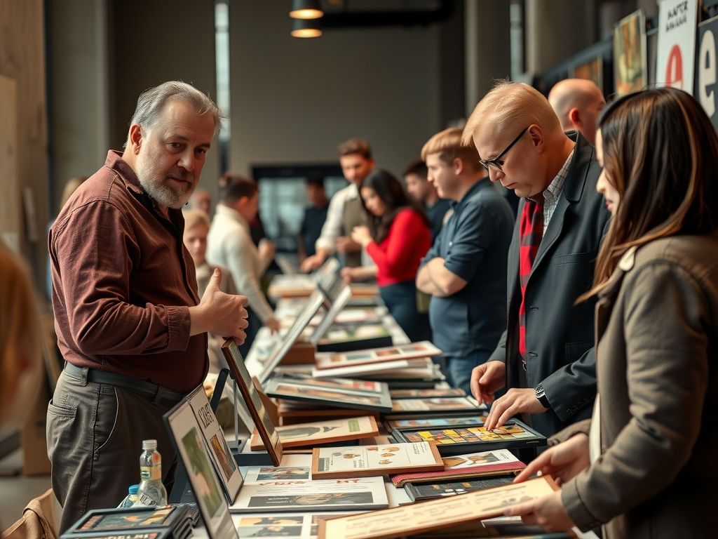 A seller hosting a live sale with collectibles on a table.