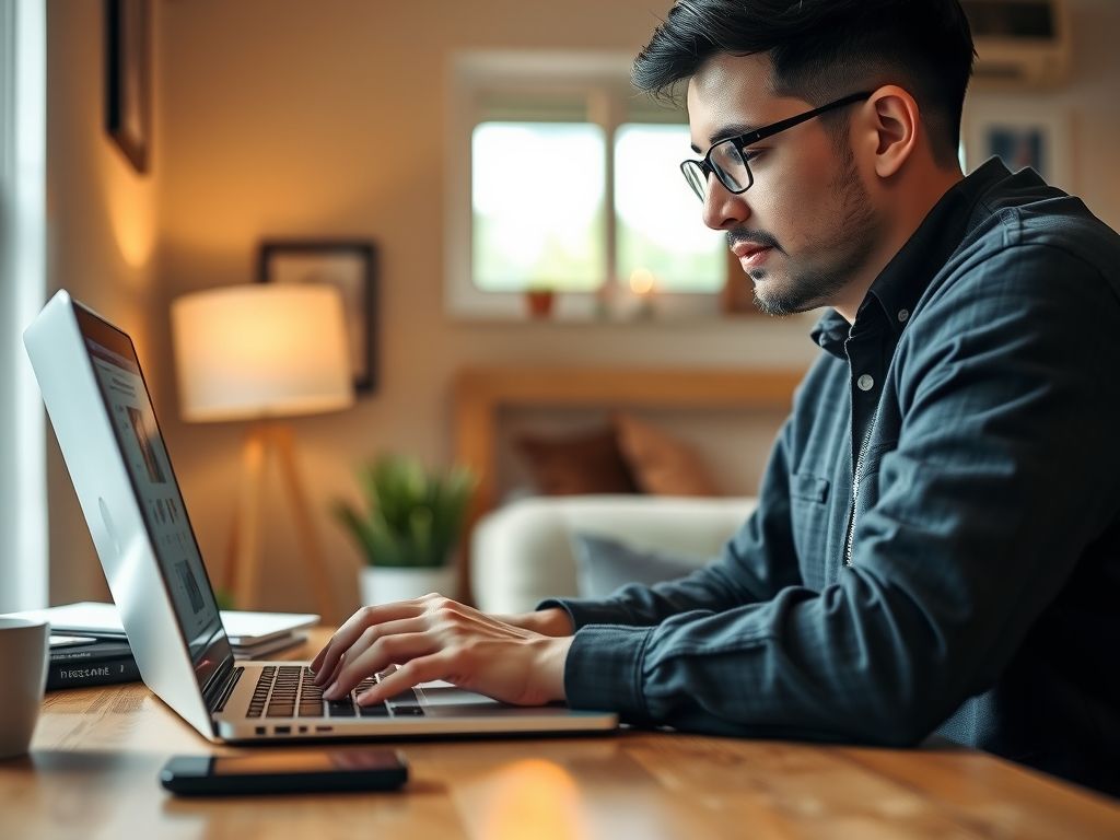 A small business owner building a website on a laptop at home.