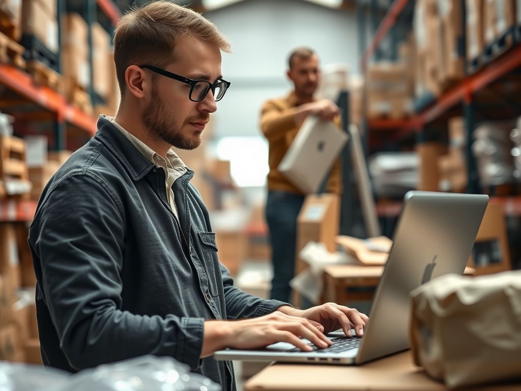 A WooCommerce store owner checking orders on a laptop in a small warehouse.