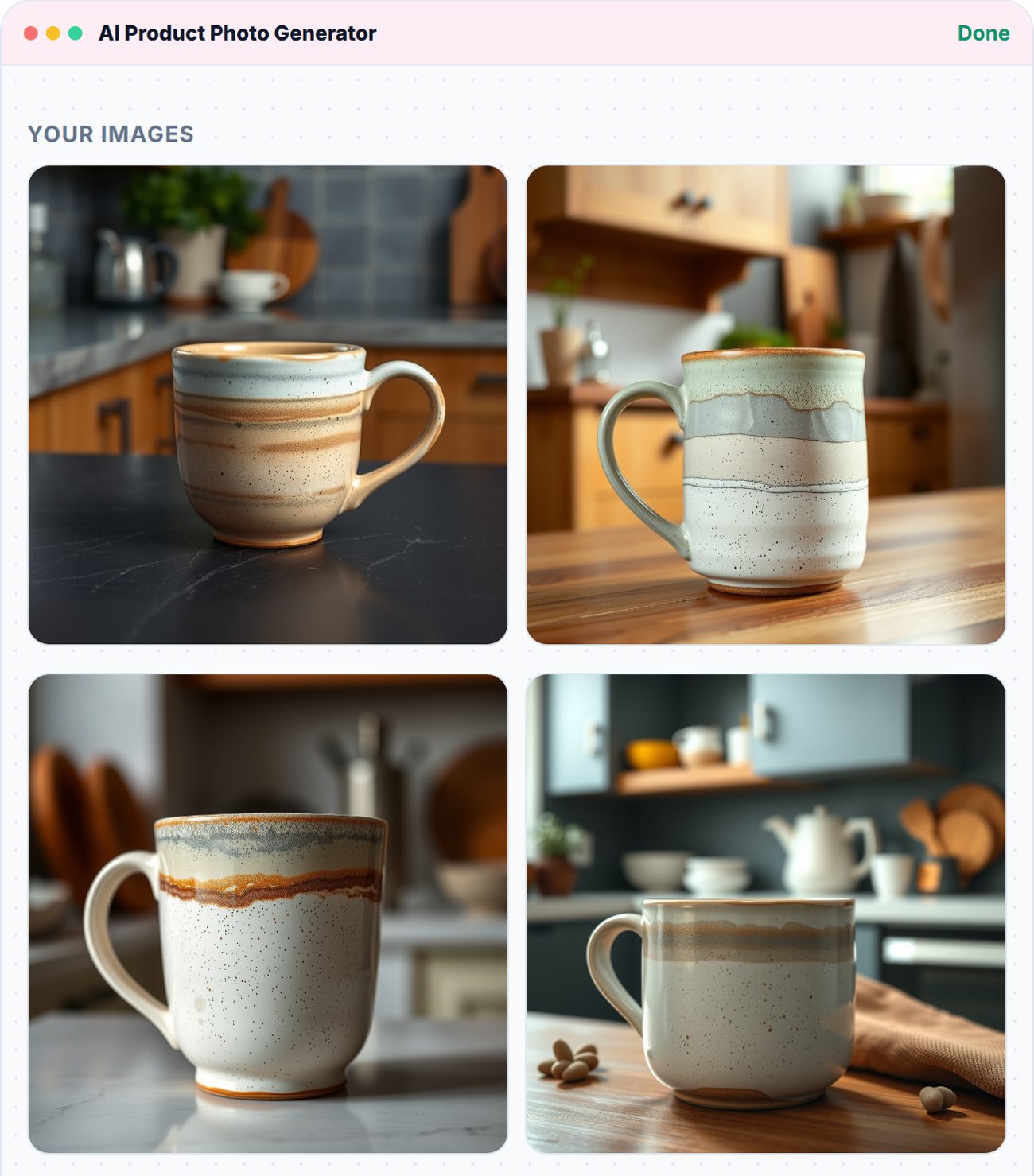 AI Product Photo Generator result: four photos of a speckled ceramic mug with a matte glaze on kitchen counters, made from one typed sentence.