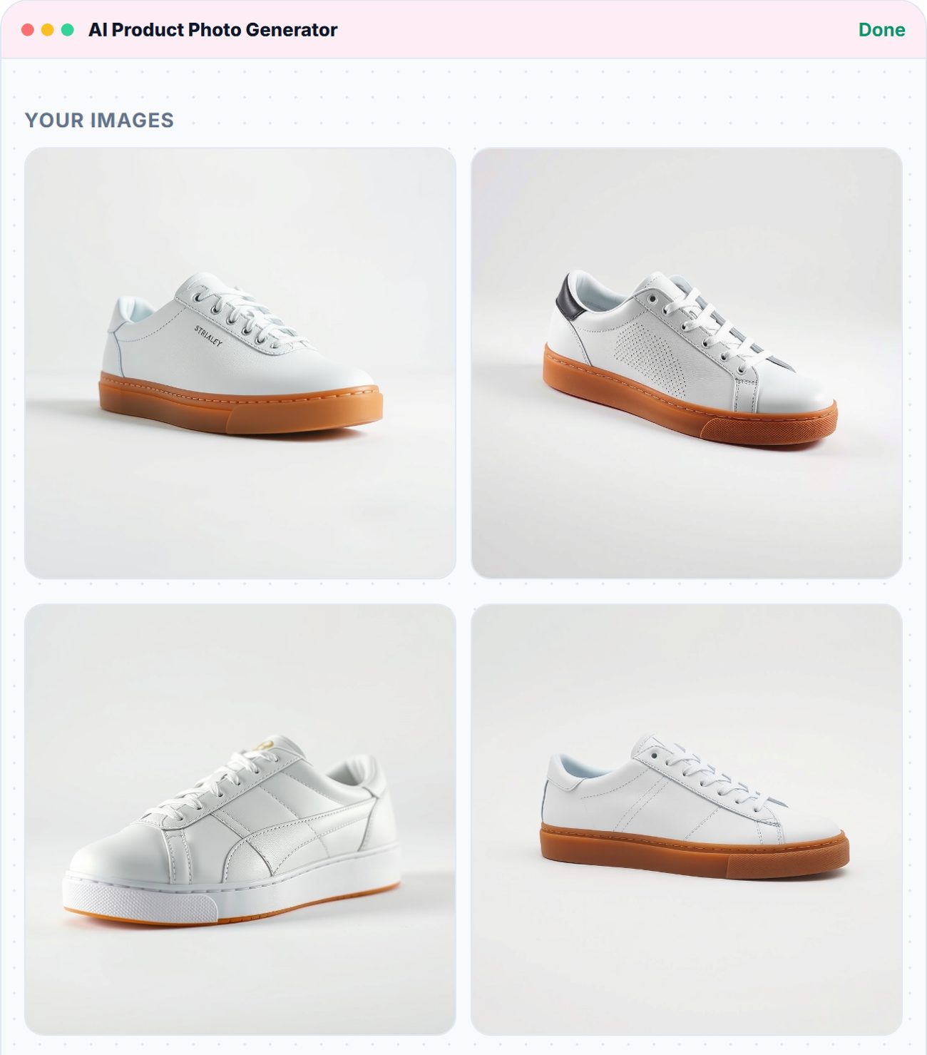 AI Product Photo Generator result: four clean studio photos of a white leather low-top sneaker with a gum sole on a white background.