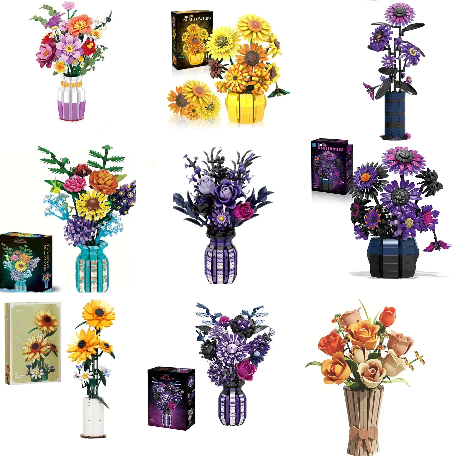 Flower  Bouguet Building  Block Set with vase, Sunflower Rose Orchid Home Decor Gift for Gril Women 14+