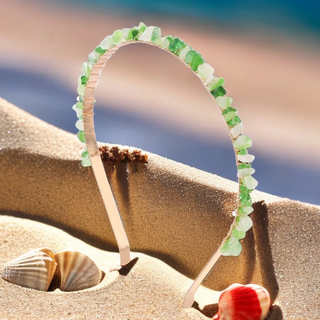 Green Agates Beads Hair Hoops For Women Hair Accessories Natural Chip Beads Headwear Rose Pink Quart Citrines Headbands Jewelry