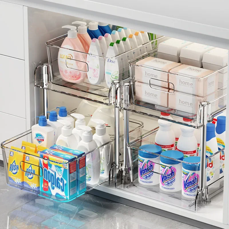 Under Sink Organizer 2-Tier Sliding Pull Out Cabinet Organizer Baskets Cabinet Countertop Sundry Storage Holders Rack Shelf