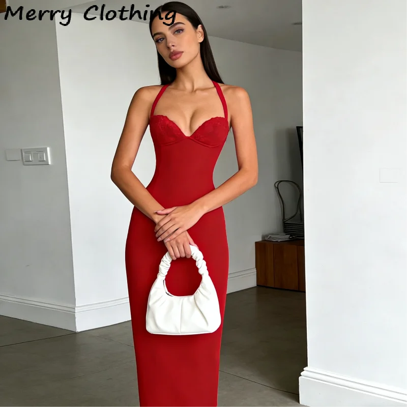 Sexy Bodycon Midi Dress Women Elegant Halter Neck Evening Gown Adjustable Lace Up Party Club Vestidos 2026 NEW Summer Dresses