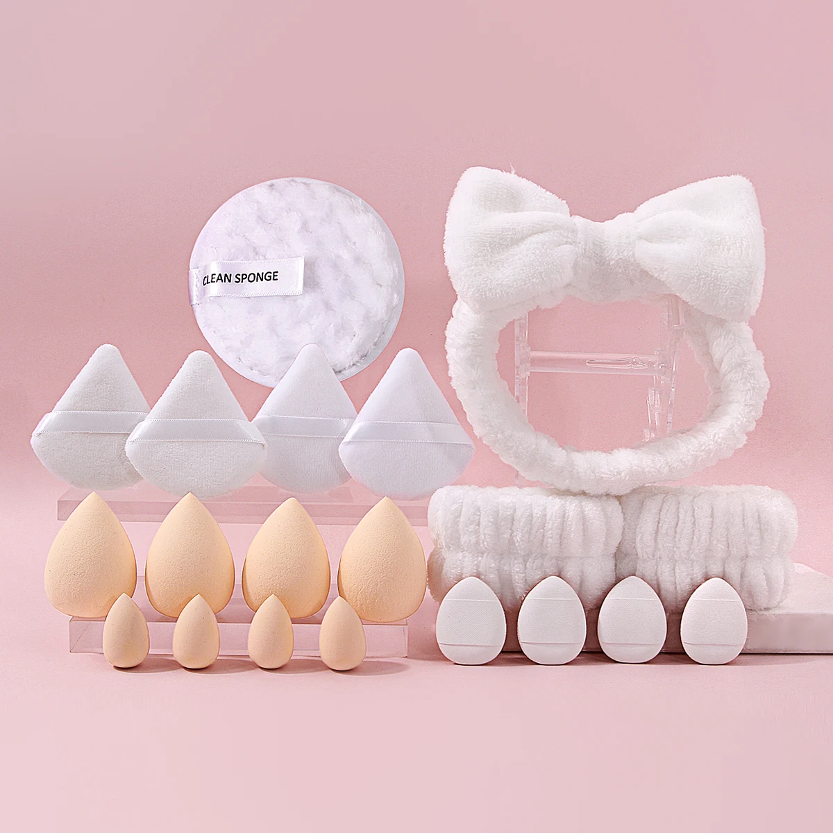 20Pcs Cosmetic Puff Makeup Sponge, Beauty Sponge Foundation Sponges Puff, Wash Face Headband Wristband Make up Accessories