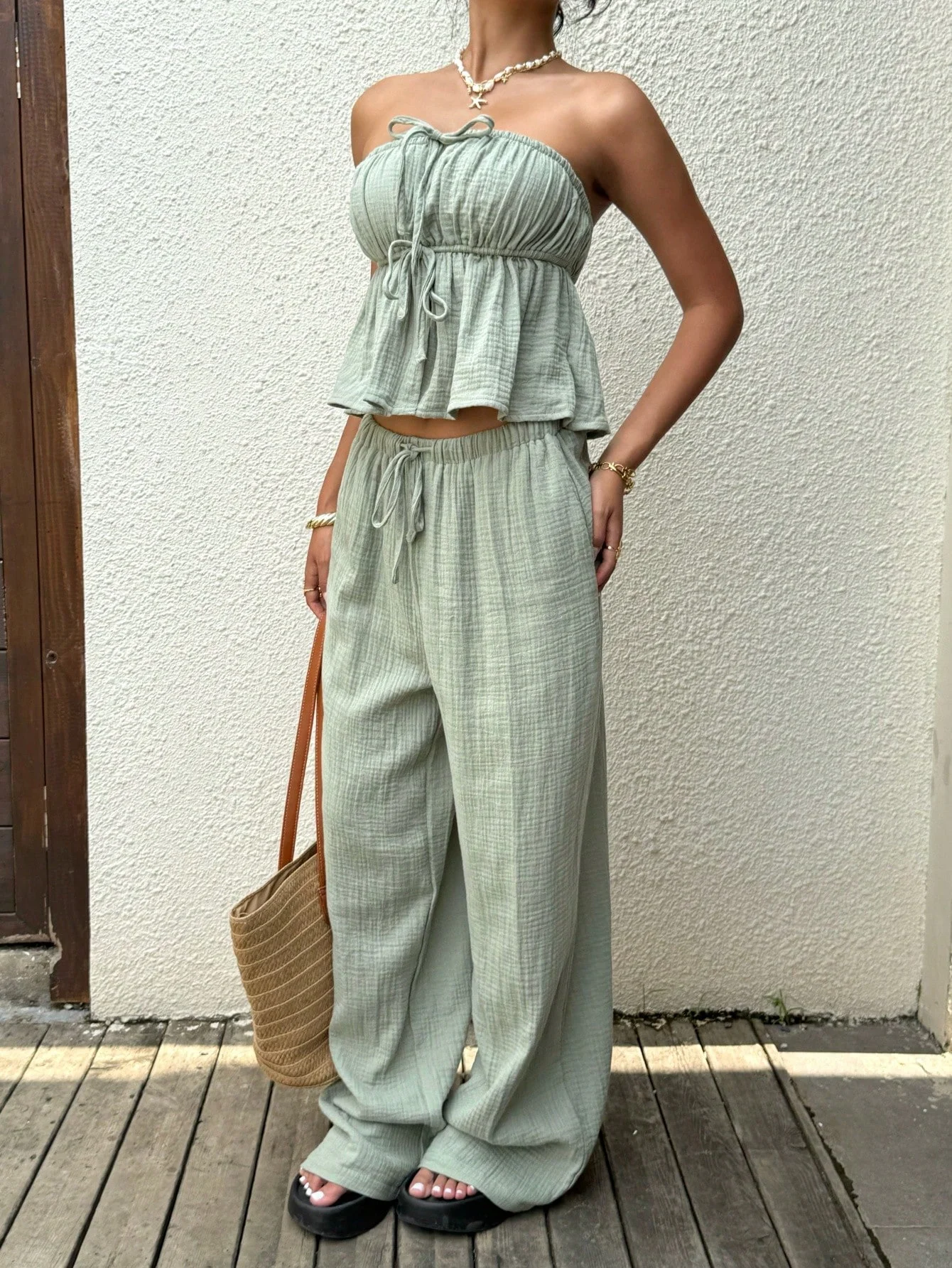 2 Piece Sets Woman Outfits, New Women's Casual Two-Piece Lace Up Top and Pants