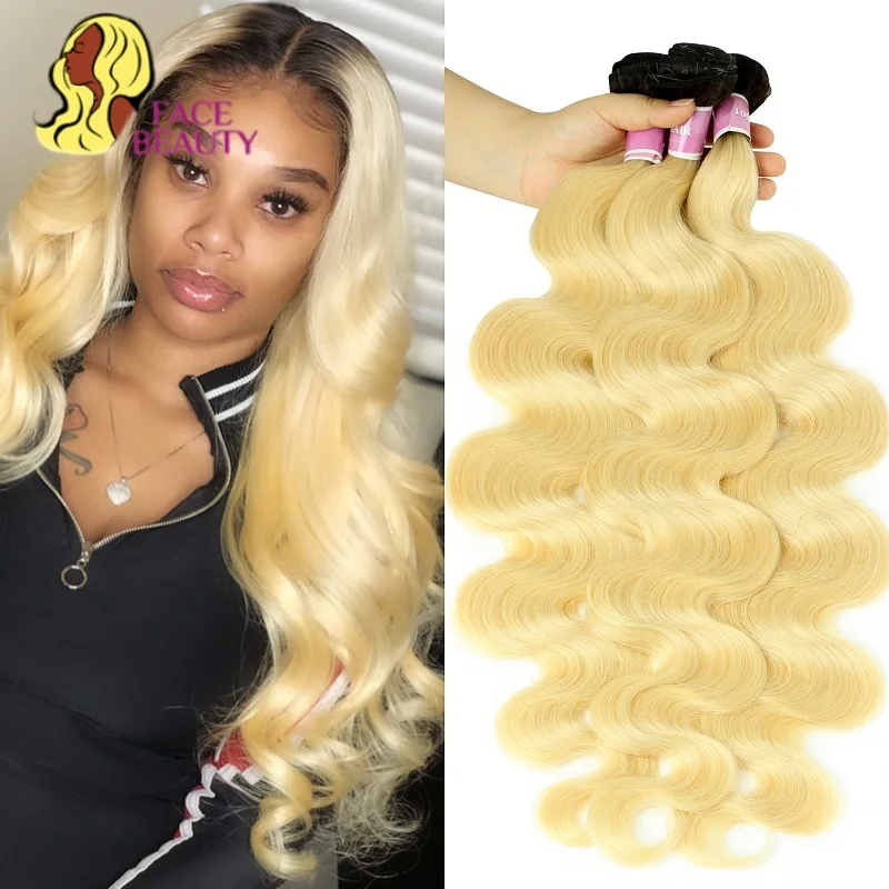 Facebeauty 1B/613 Brazillian Body Wave Human Hair Bundle 1/3/4 Pcs Two Tone Ombre Blonde Hair Dark Roots Weave Remy Hair Weft