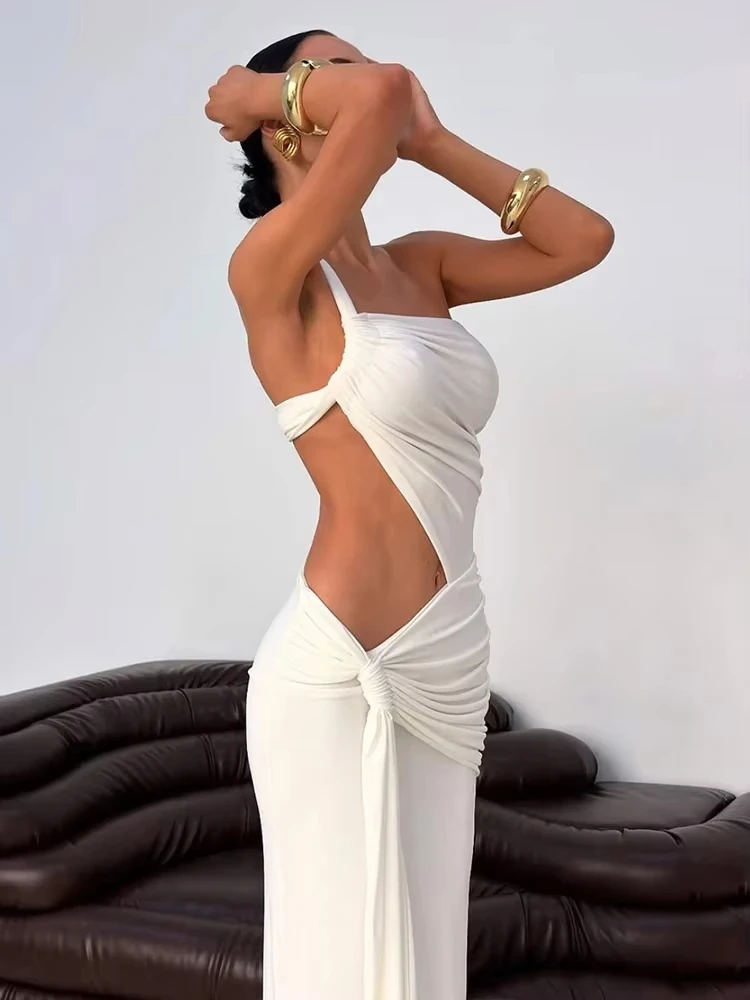 Backless Hollow Dress Women One Shoulder Irregular Pleated Solid Tassel Patchwork Midnight Clubwear Party Vestidos