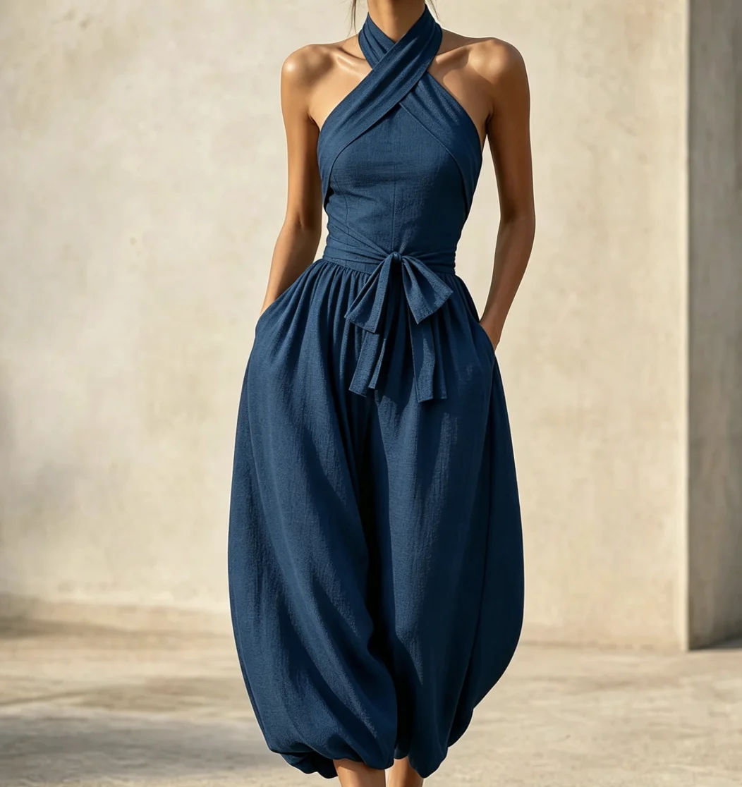 Women Summer Halter Backless Wide Leg Jumpsuit, Sleeveless Tie Waist Solid Color Elegant Long Jumpsuit for Party Beach Vacation