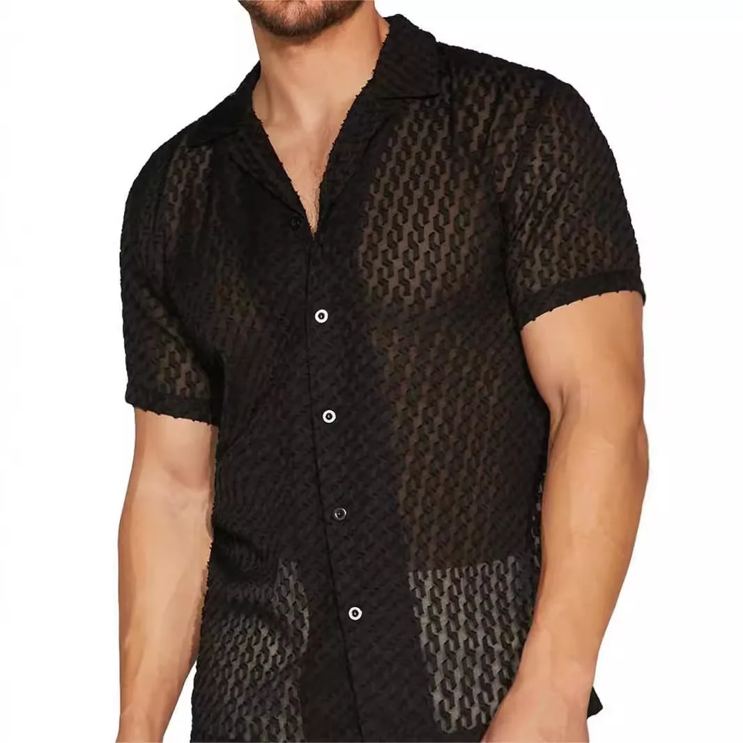 Mens Fashion Hollow Out Jacquard Mesh Shirt Short Sleeve Lapel Button Sheer Sexy Summer Breathable Casual Party Streetwear Tops