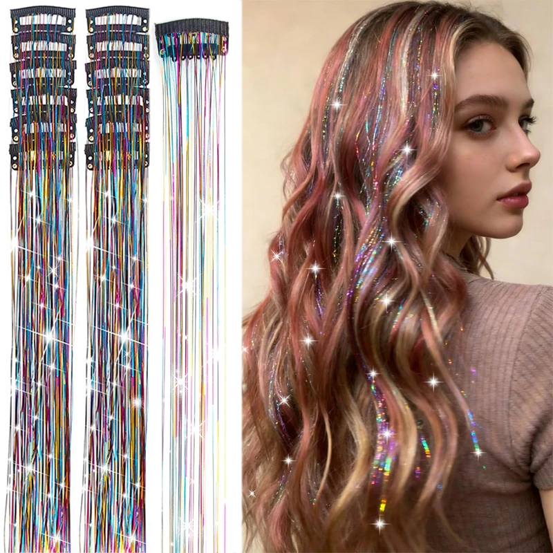 20 Inch Synthetic Hair Extensions -12 Piece Set of Colorful Glitter Hair Accessories, Suitable for Girls' Party Birthday Gifts