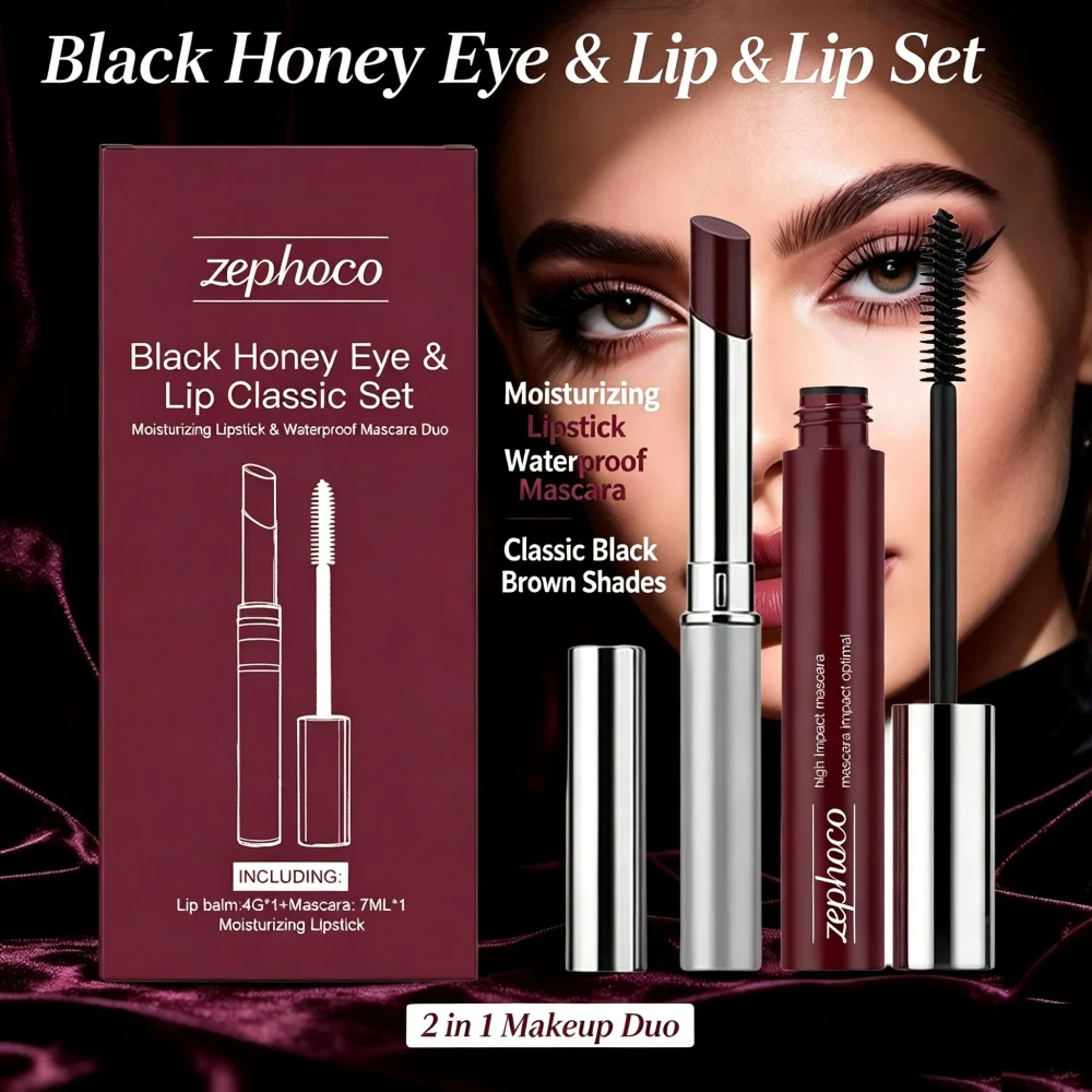 Black Honey Eye & Lip Classic Set Curling Mascara Moist Silky Plump Glossy Lipstick Waterproof Anti‑Fading 3D Lips Cosmetic Kit