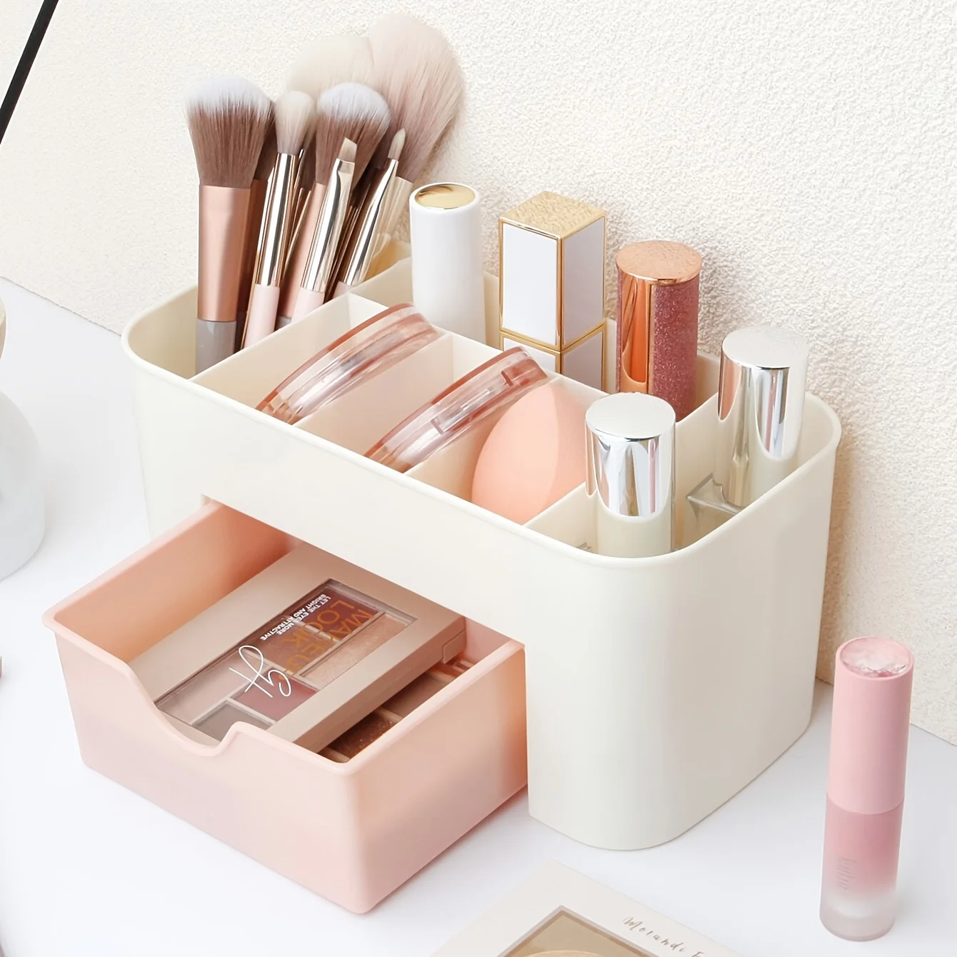 Makeup Organizer with 1 Drawers, Desk Organizer, 6 Compartments, Cosmetics Storage Box for Nail Polish, Lipstick, Brushes, Jewel