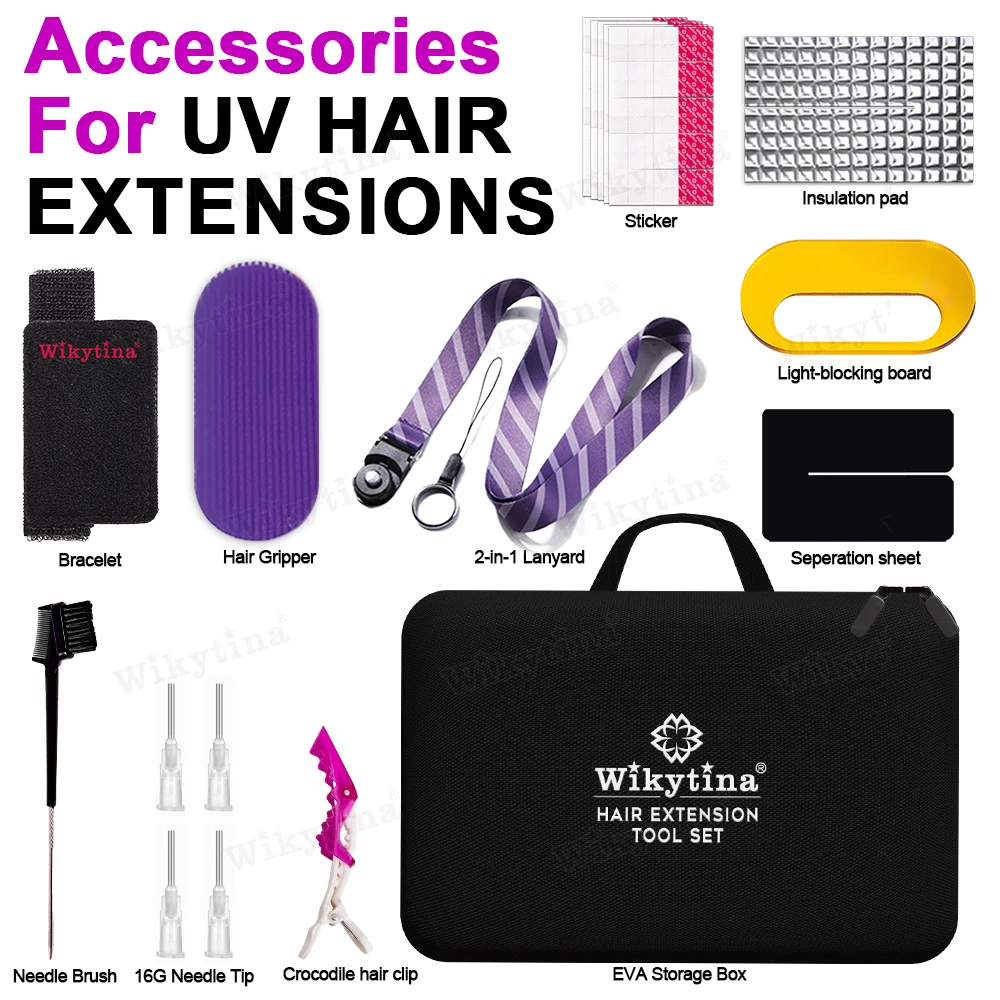 Hair Extensions Accessories Kit Tool Set Needle Tips Stickers Light blk Bd EVA Box Hair Sep Sheet Hair Clip Gripper Needle Brush