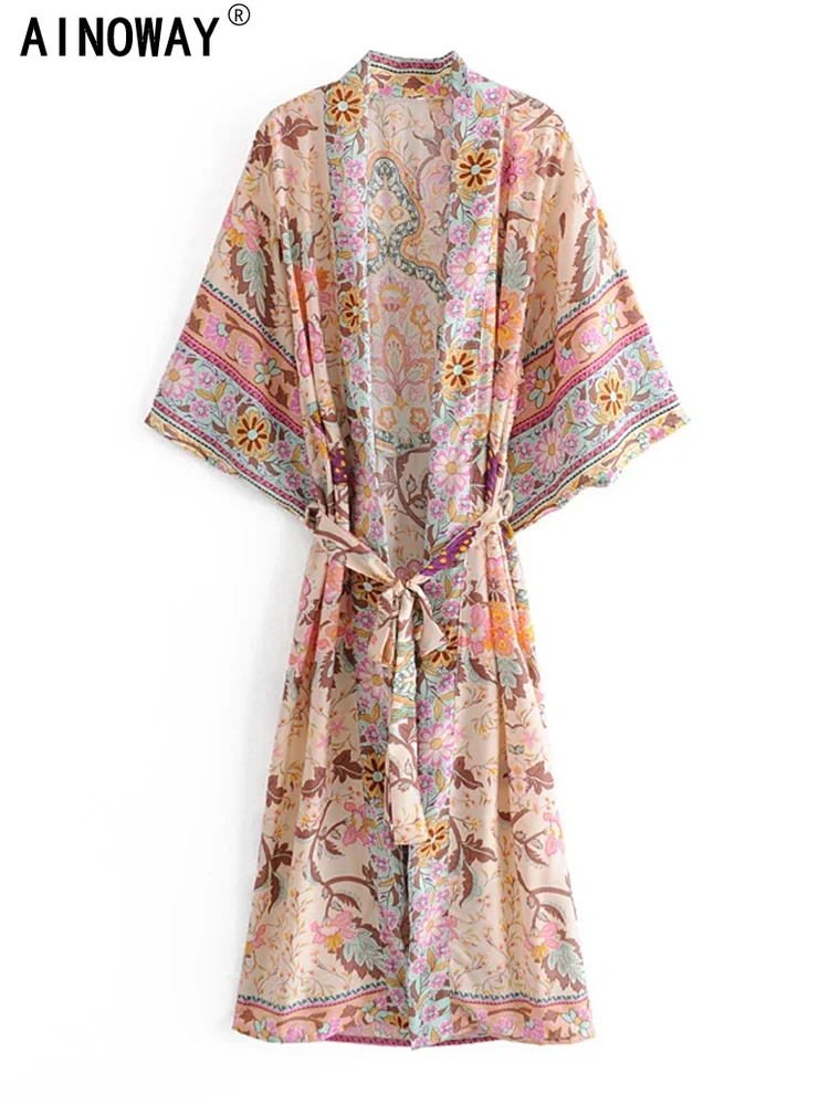 Boho Women Peacock Print Batwing Sleeve Beach Bohemian Kimono Robe Ladies V Neck Sashes Summer Bikini Cover-ups