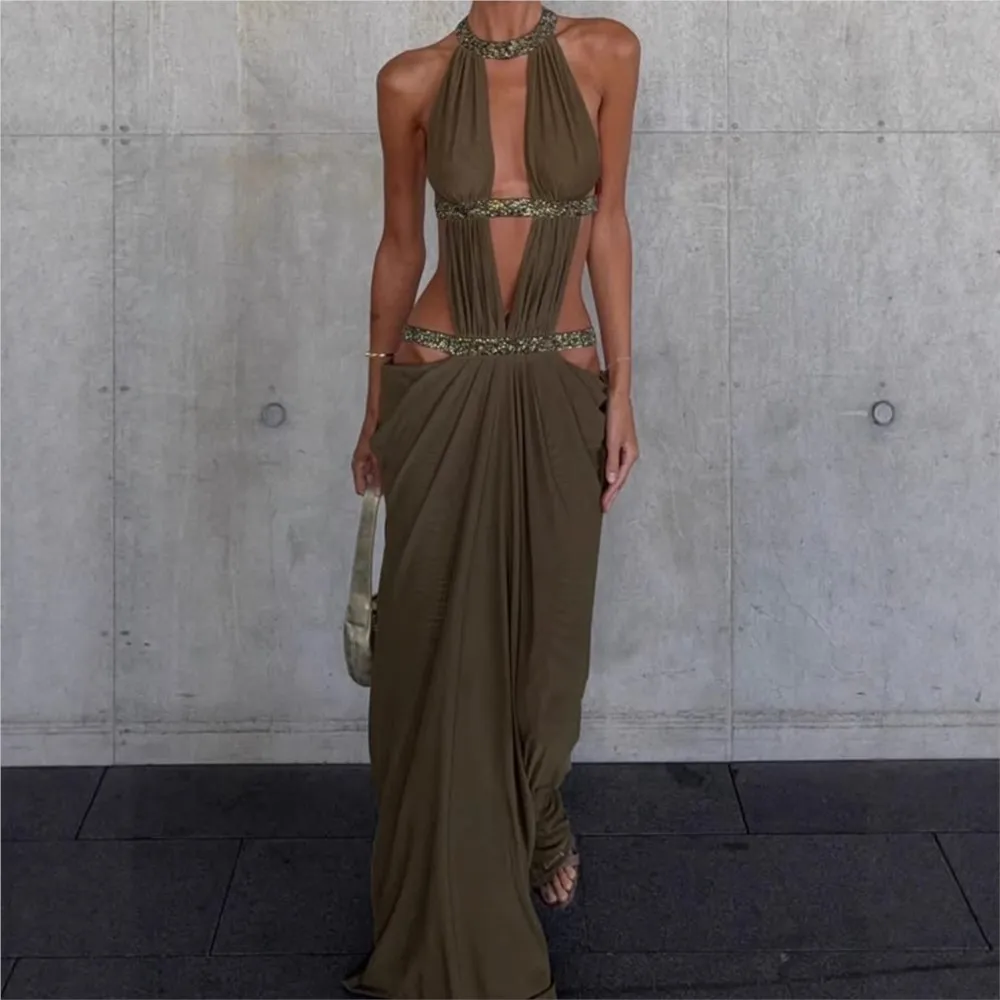 Fishtail Dress Solid Color Backless Long Dress Summer Women's Clothing Sexy Hot Girl Fashion Light Luxury Party Dress Ropa Mujer