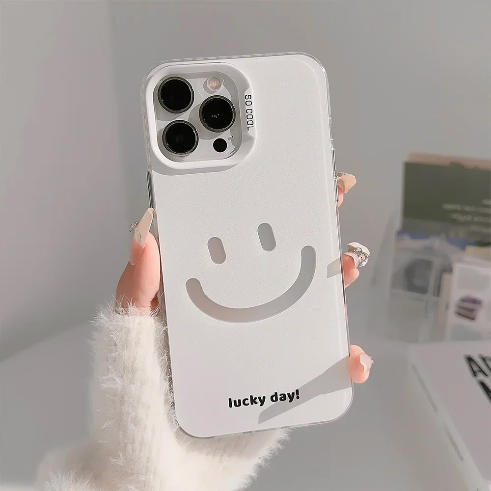 Cute Smiling Face White Phone Cases for iPhone 16 Pro Max Plus 15 14 13 12 11 Cool Minimalist Phone Covers
