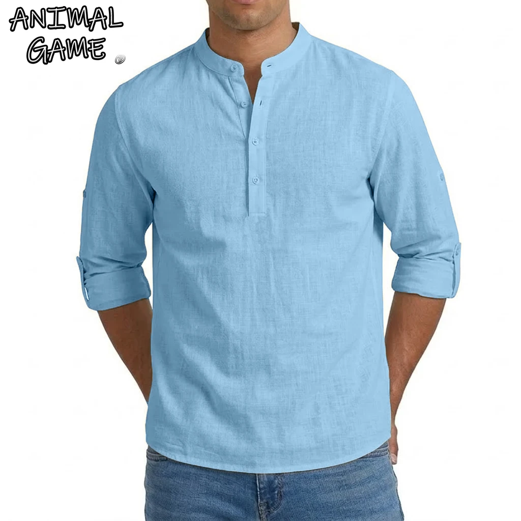 Mens Linen Shirt Luxury Casual Shirts for Men Long Sleeve Henley T-Shirts Summer Beach Hawaiian Shirt Gym Man Cotton Tshirts