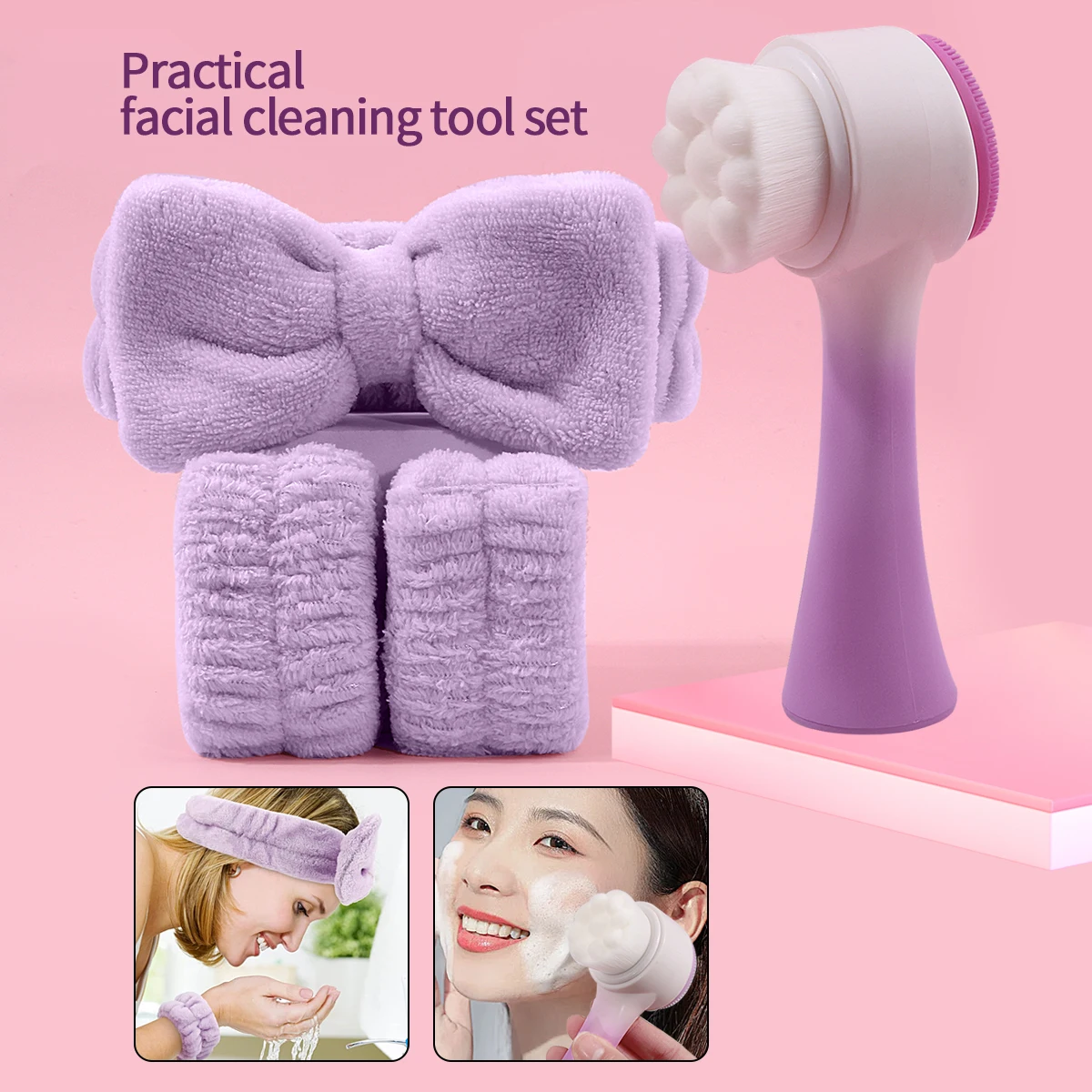 Silicone Facial Cleansing Brush Massage Care Face Brush & Spa Headband and Wristband Set Skin Care Headband