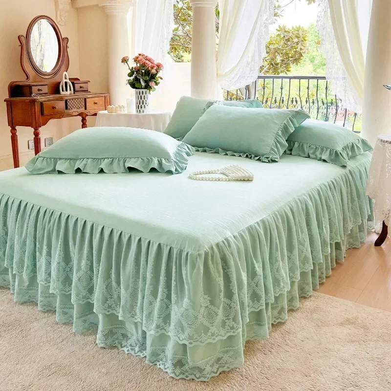 Three Layer Gauze Lace Bed Cover Seasonal Universal Bedding  Bedspread  Ruffled Edge Dustproof Anti Slip Bedspread Bed Skirt