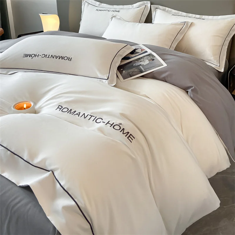 1 Set Cotton Bedding Set with Duvet Cover Bed Sheet Pillowcase Luxury  Bedsheet Solid Color King Queen Full Twin Size