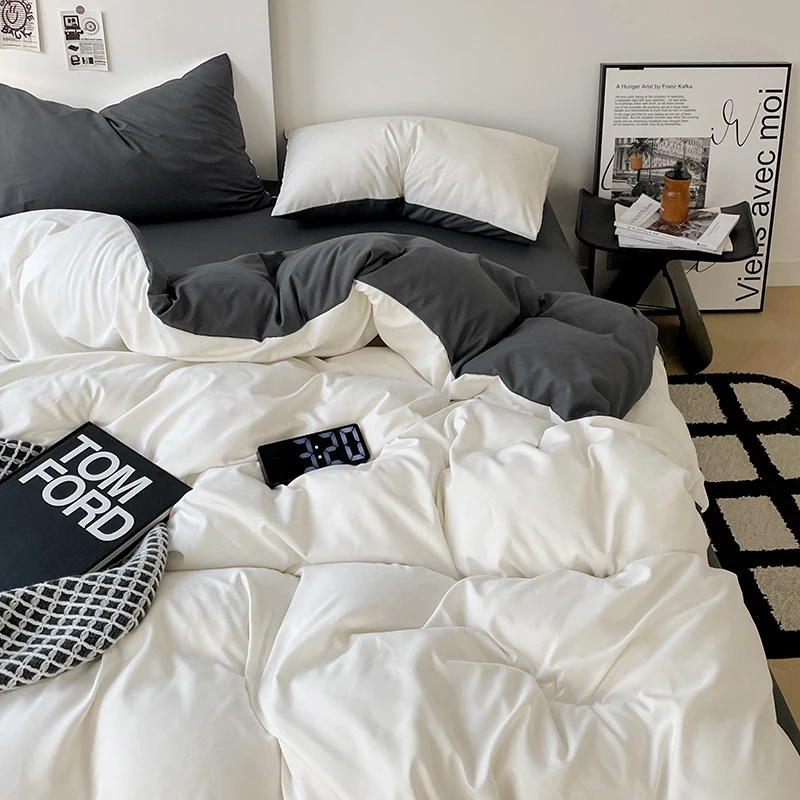 Japanese Bedding Set Solid Polyester AB Side Duvet Cover+Sheet +Pillowcase All Season Home Bed Linens Drop Shipping Full King