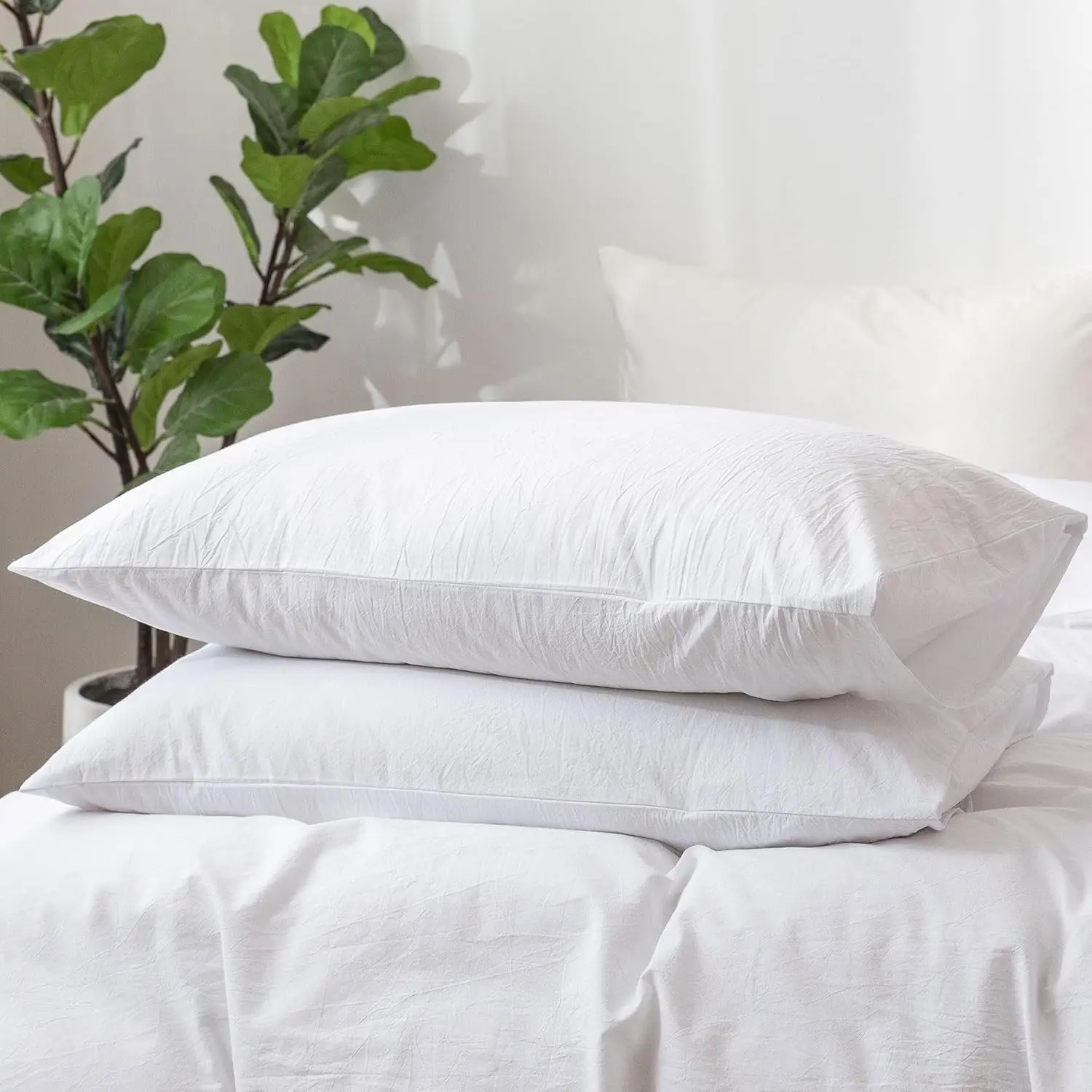 Bedding Standard Pillowcases Pack of 1 100% Washed Cotton Linen Like Textured Breathable Durable Soft Solid White No inserts