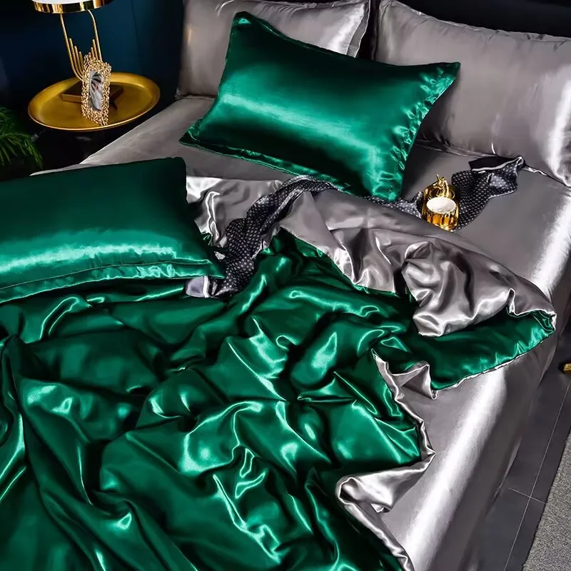 A/B Double-Sided Color Bedding Set Silky Satin Duvet Cover Bed Sheet Pillowcase Luxury Bedsheet King Queen Double Twin Size