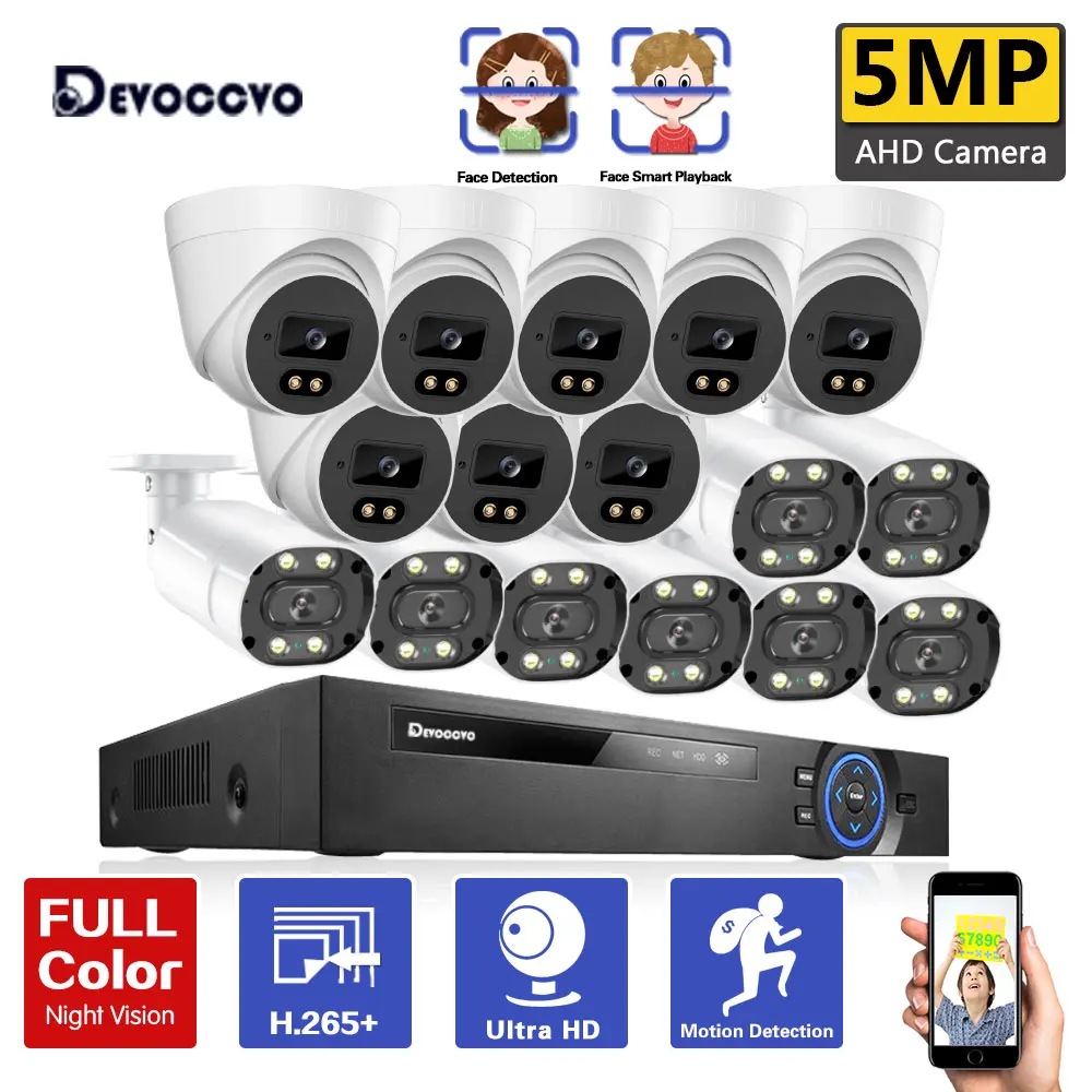 5MP Video Surveillance Cameras Kit 16ch Outdoor Full Color Night Vision CCTV DVR Home Security Camera System 16 Channel DVR Kit