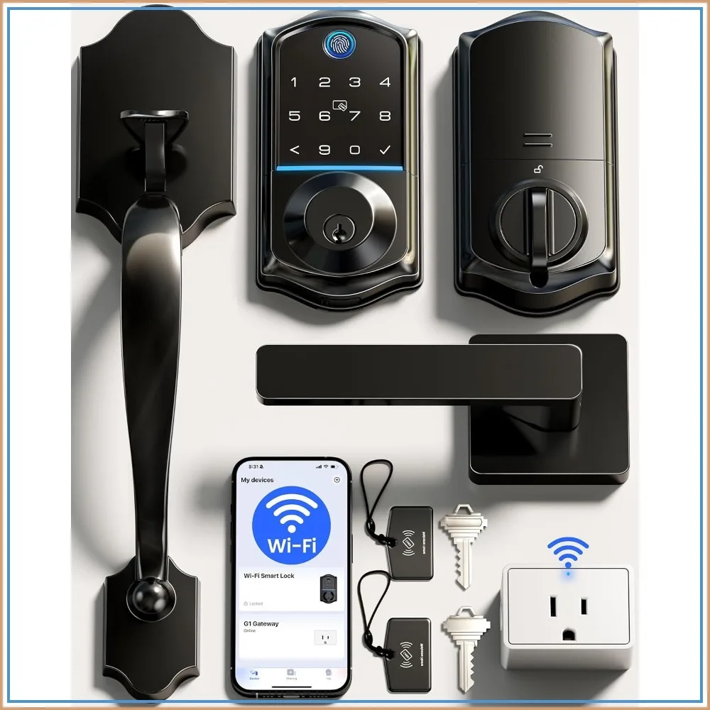 Smart WiFi Front Door Lock with Handle, Keyless Entry Deadbolt, Fingerprint, App Control, Auto Lock, IP55, Matte Black