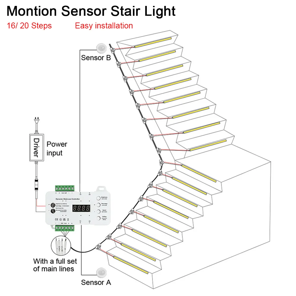 1-40 Steps LED Stair Light Motion Sensor Stairs Lighting With 2 PIR Sensor Staircase Lights COB LED Strip Stair Kit Step Light