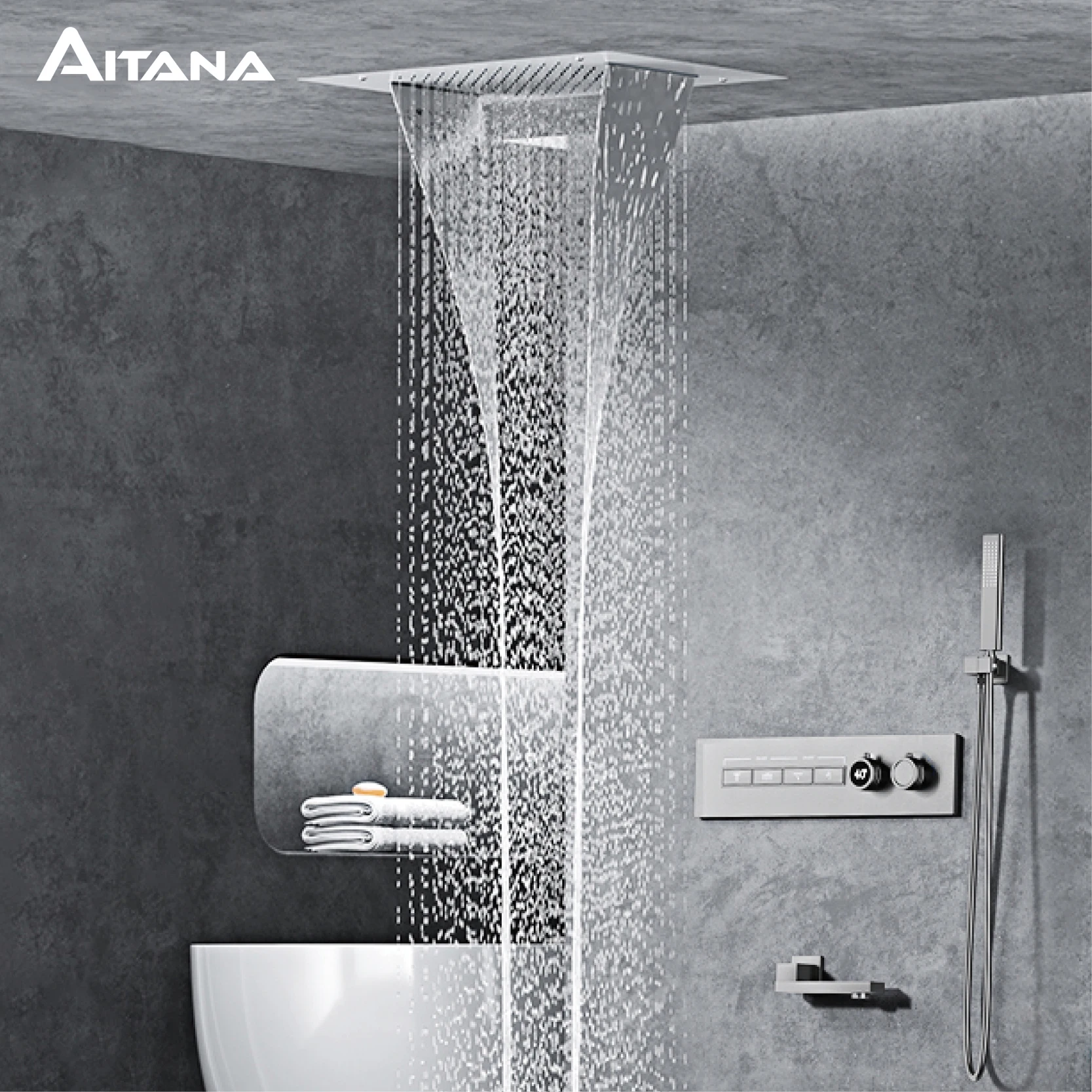 Luxury Black Brass Shower System Wall-Mounted LED Digital Display Design Cold & Hot Dual-Control 4-Function Ceiling Shower Tap
