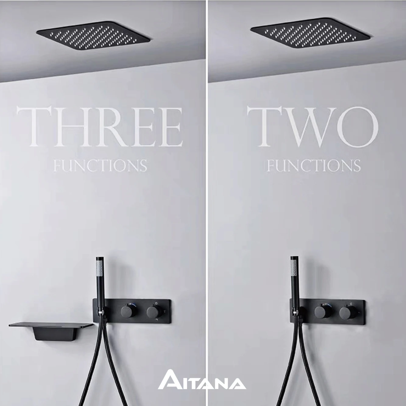 Modern Black Brass Bathroom Thermostatic Ceiling Type Shower System Wall-Mounted 3-Function Waterfall Tap for Cold & Hot Water