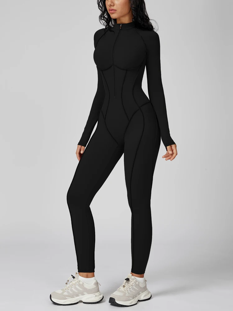VITALINOVO Womens Running Onesie Athletic Romper Pants Long Sleeve Zip Up Hiking Outfits One Piece Workout Bodycon Jumpsuits