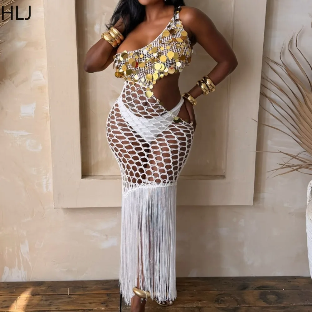 HLJ Summer New Sexy Knitting Sequin Patchwork Beach Dresses Woman Solid Color Hollow-out Inclined Shoulder Dress Vestidos 2026