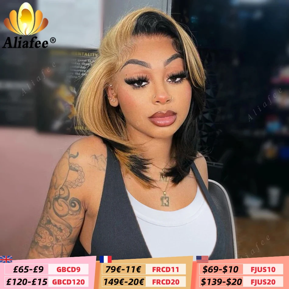 1B With Honey Blonde Short Bob Wigs 200% Density Full 13X4 Lace Frontal Wig Human Hair Straight Bob Wig Human Hair for Women