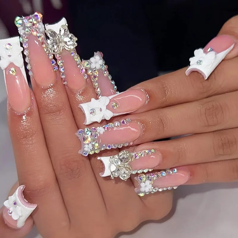 24Pcs Long French Fake Nails with Glue Ballet False Nails Butterfly Rhinestone Design Press on Nails Wearable Coffin Nail Tips