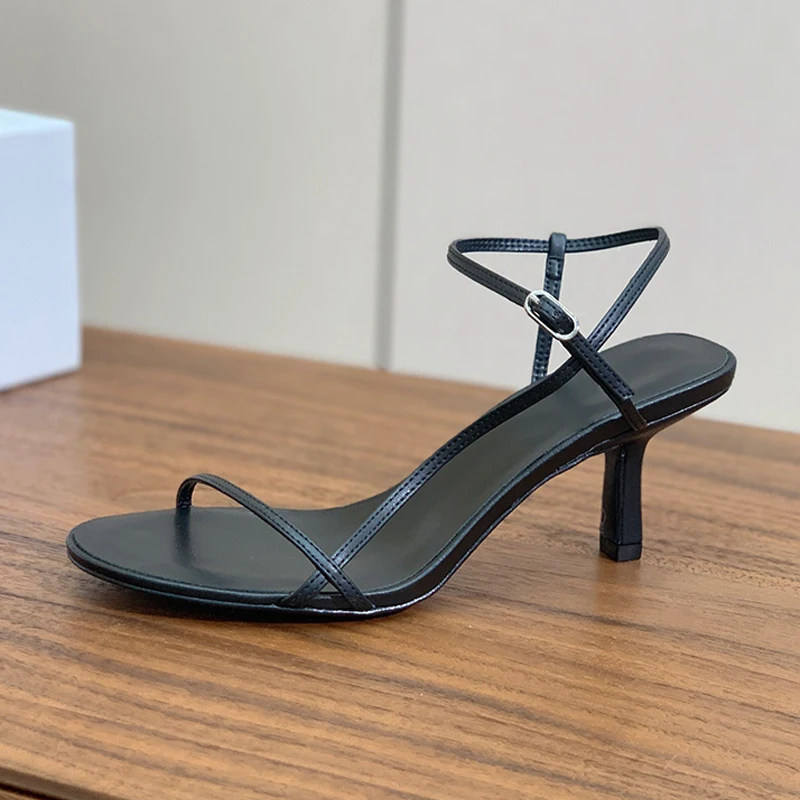 2026 Summer Designer Narrow Band Sandals Women's One Strap Wrapped Genuine Leather High Heel Sandalias Retro Sexy Wedding Shoes