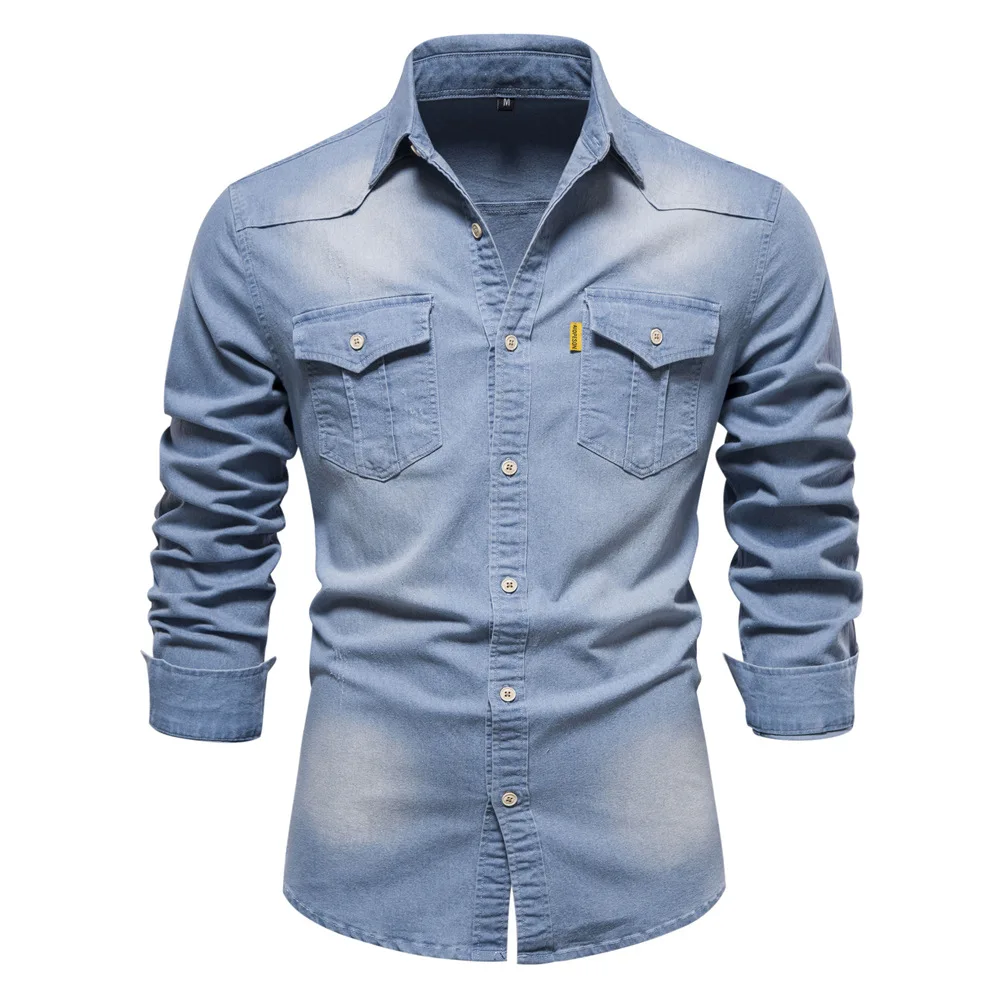 Men's Casual Solid-Color Long-Sleeve Denim Shirt, a Fashionable and Versatile Breathable Cotton Coat.