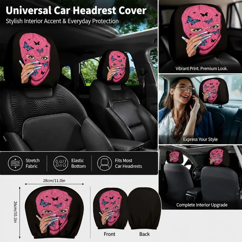 Pink Butterfly Mask Car Headrest Cover Universal Stretch Seat Protector Interior Decoration for Sedan SUV 11x10.2in Auto Decor