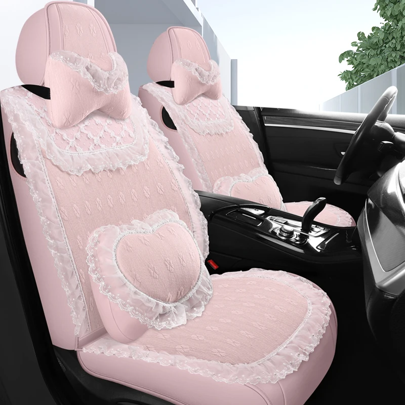 Cute Pink Car Seat Cover Set for Women Universal Breathable Plush Lace Trim Flower Seat Cushion Protector Interior Accessories